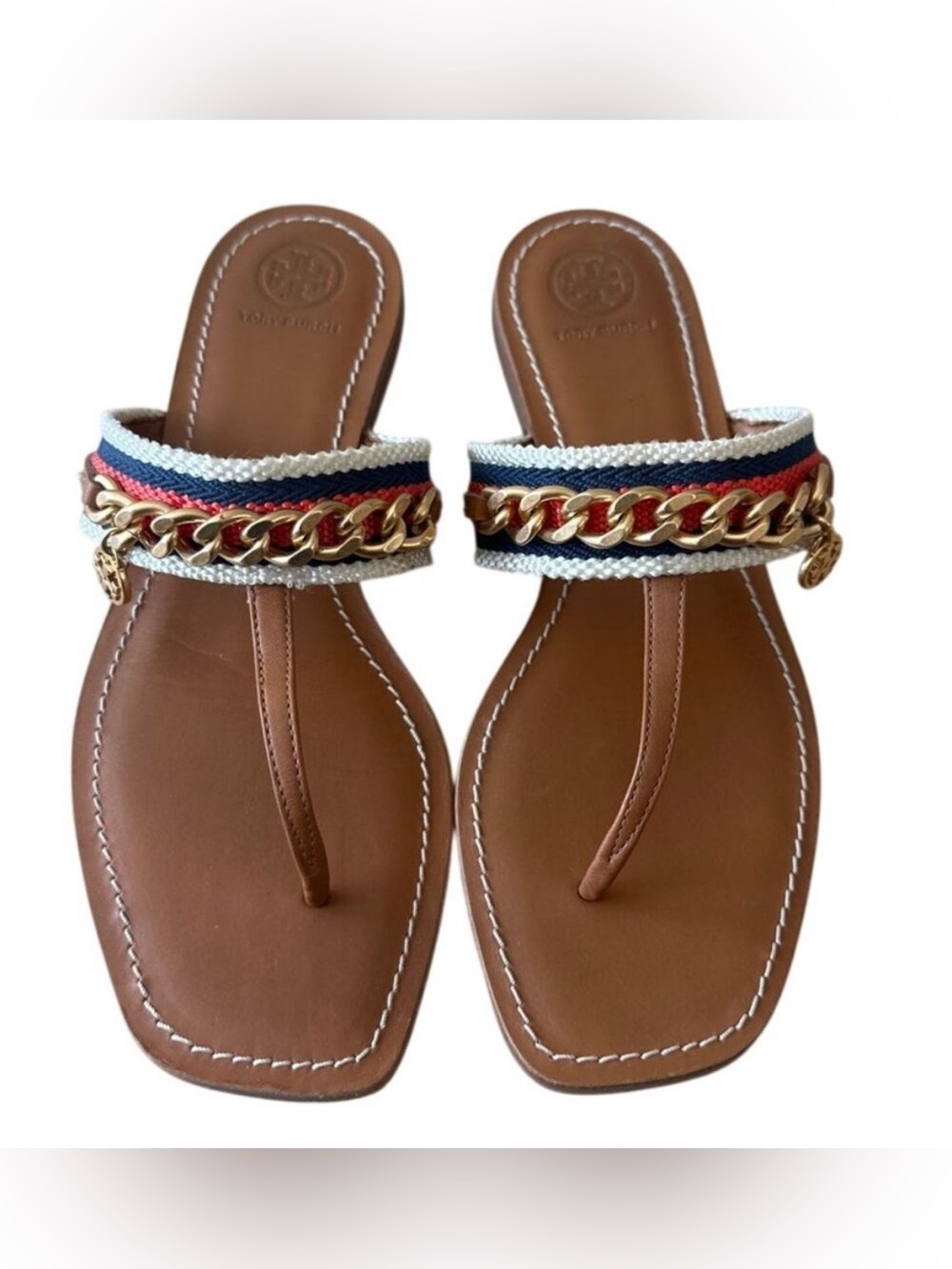 Tory Burch Brown Leather Thong Sandals with Red, Blue & Gold Trim